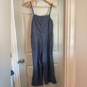 Unbranded Women's M Pin Striped Navy Blue Smocked Pocket Cropped Jumpsuit